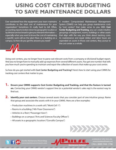 Using Cost Center Budgeting to Save Maintenance Dollars