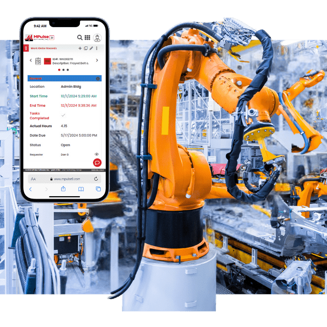 Industrial robot arm with MPulse CMMS mobile interface displaying real-time asset condition monitoring for predictive maintenance