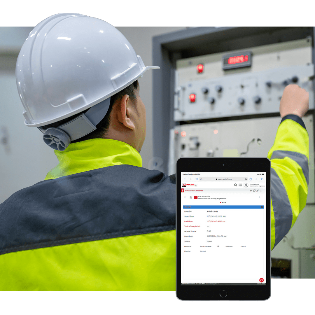 Electrician using MPulse CMMS to perform preventive maintenance on electrical equipment