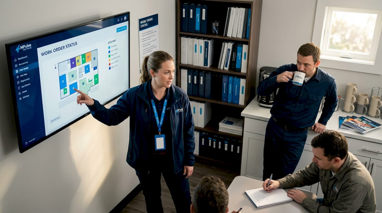 Facility manager reviews multi-site work order dashboard