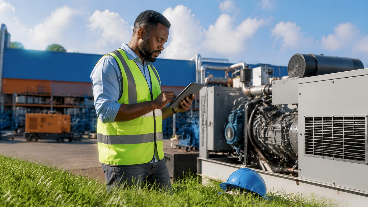 Field technician using tablet for maintenance outdoors
